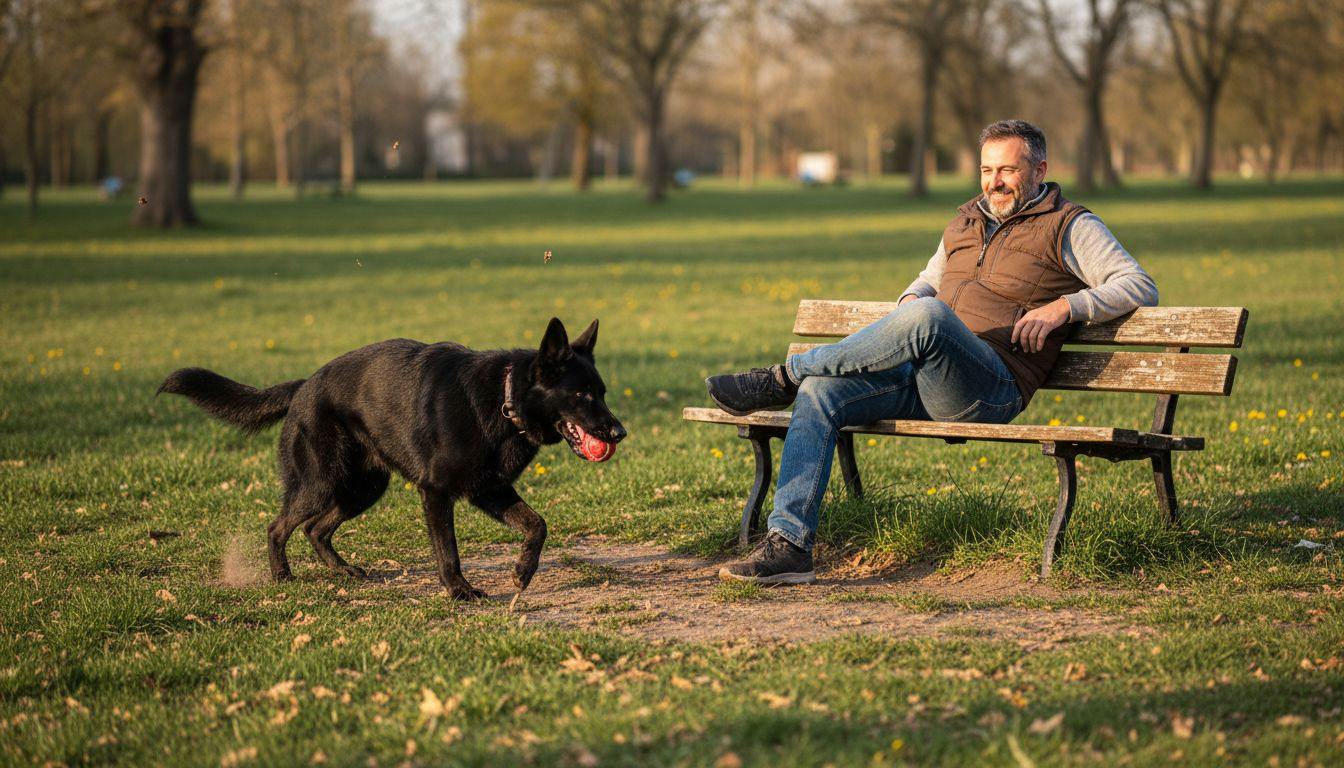Un cane si diverte all’aperto insieme al suo padrone.