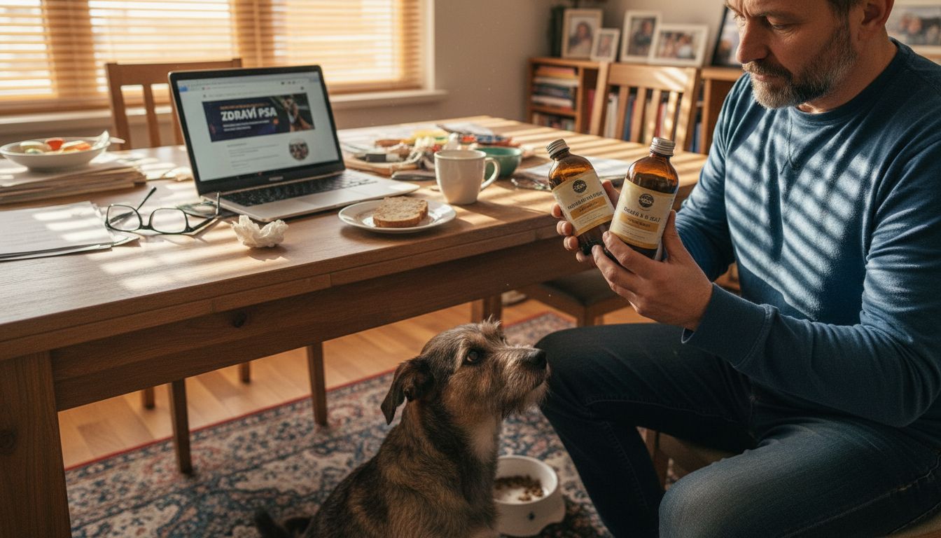 Majitel doma u stolu porovnává různé doplňky stravy pro svého psa.