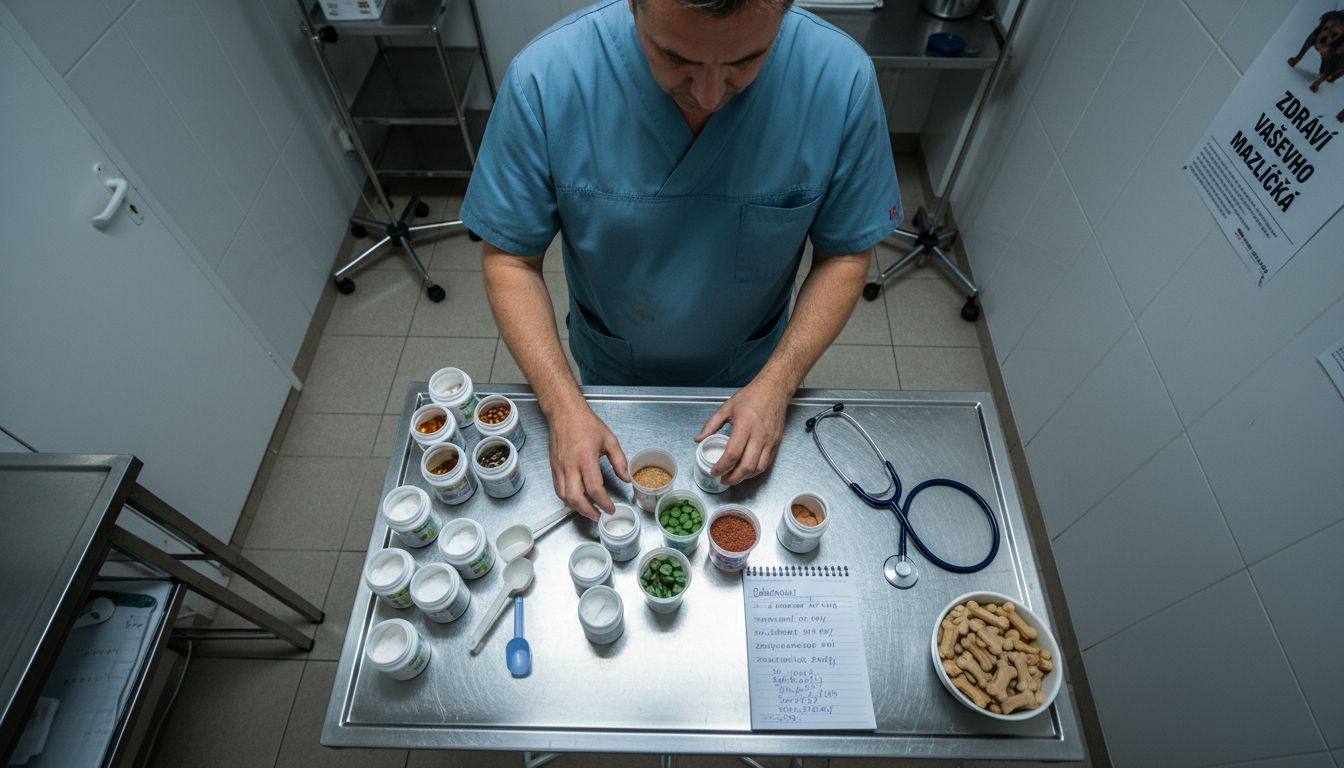 Veterinář vybírá a třídí různé doplňky stravy pro psy