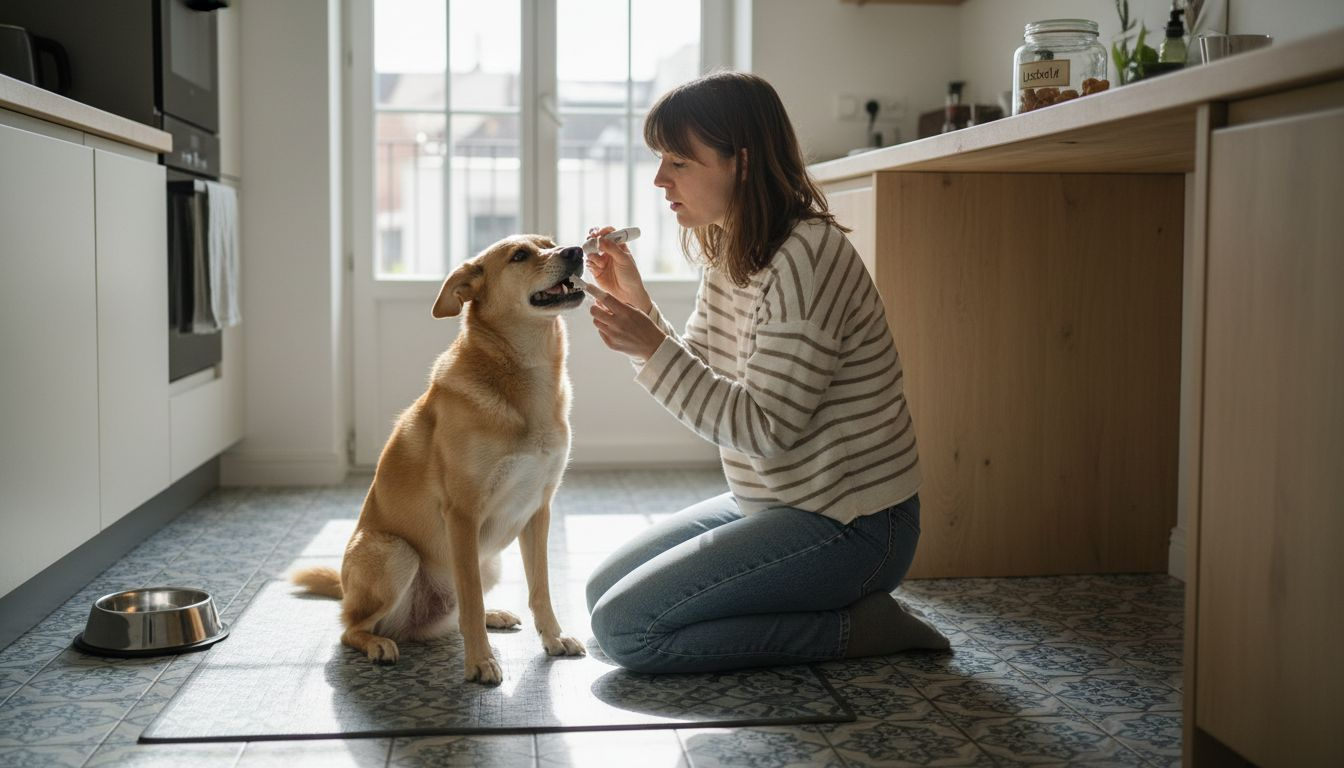 Dem Hund werden zuhause die Zähne geputzt.