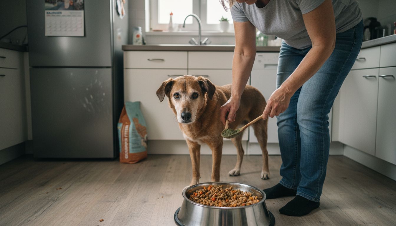 Der Hund sitzt schon ganz gespannt da und wartet auf sein Futter – natürlich darf das tägliche Nahrungsergänzungsmittel dabei nicht fehlen.