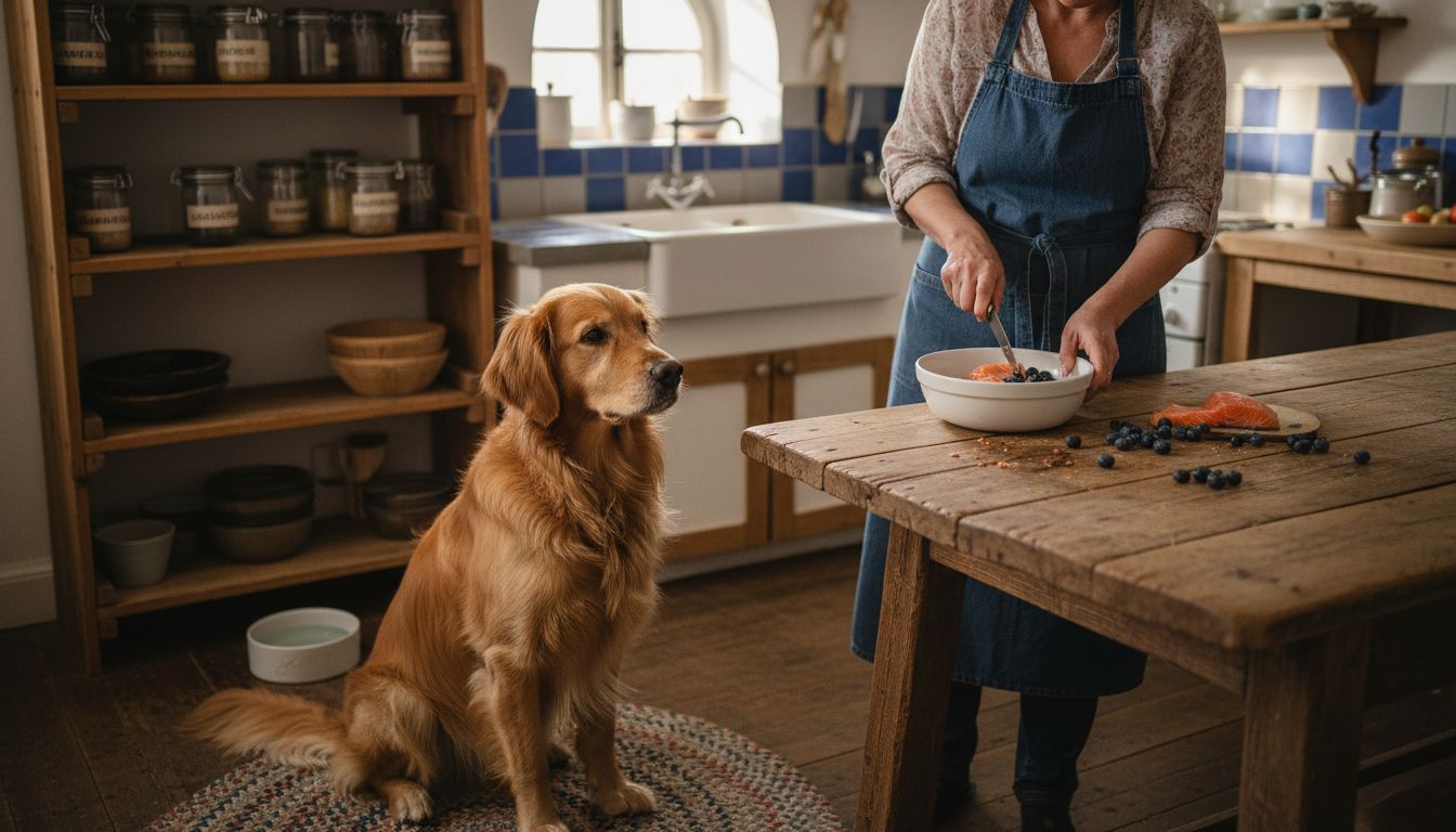 Ein Hund wartet gespannt darauf, dass sein gesundes Futter zubereitet wird.