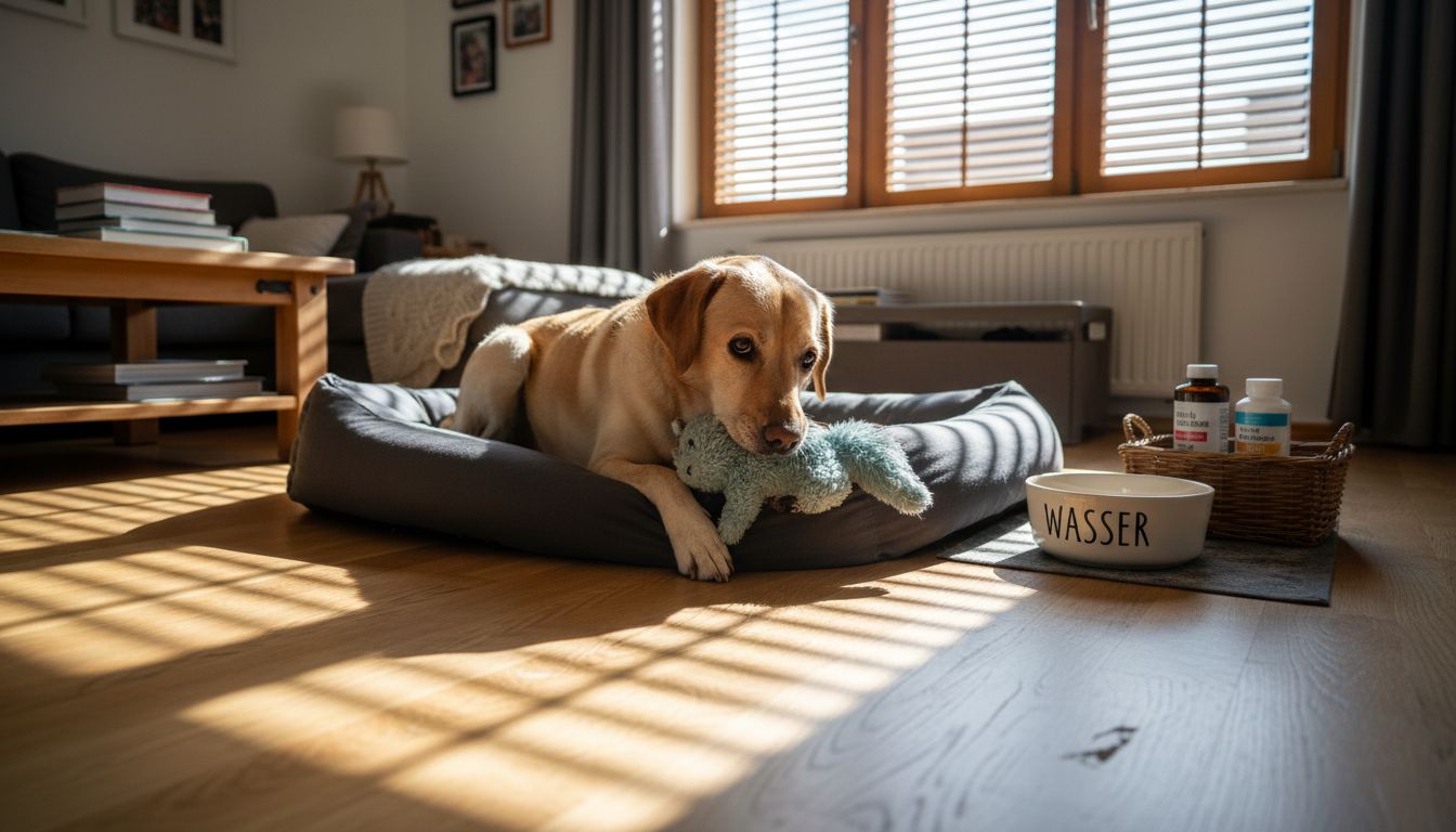 Ein Labrador macht es sich im Wohnzimmer gemütlich, während seine Nahrungsergänzungsmittel bereitstehen.