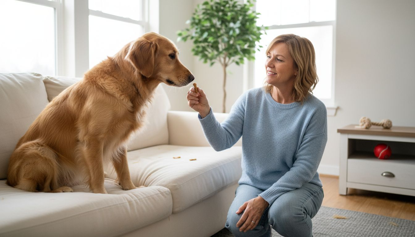 Im Wohnzimmer schnuppert der Hund neugierig an seinem gesunden Snack.