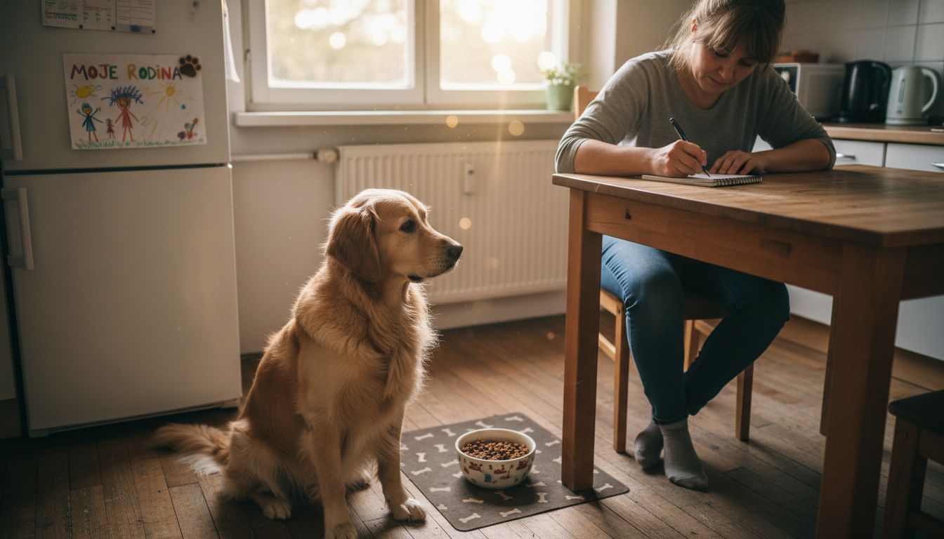 Majitel psa si v kuchyni zapisuje, co jeho mazlíček dostává k jídlu.
