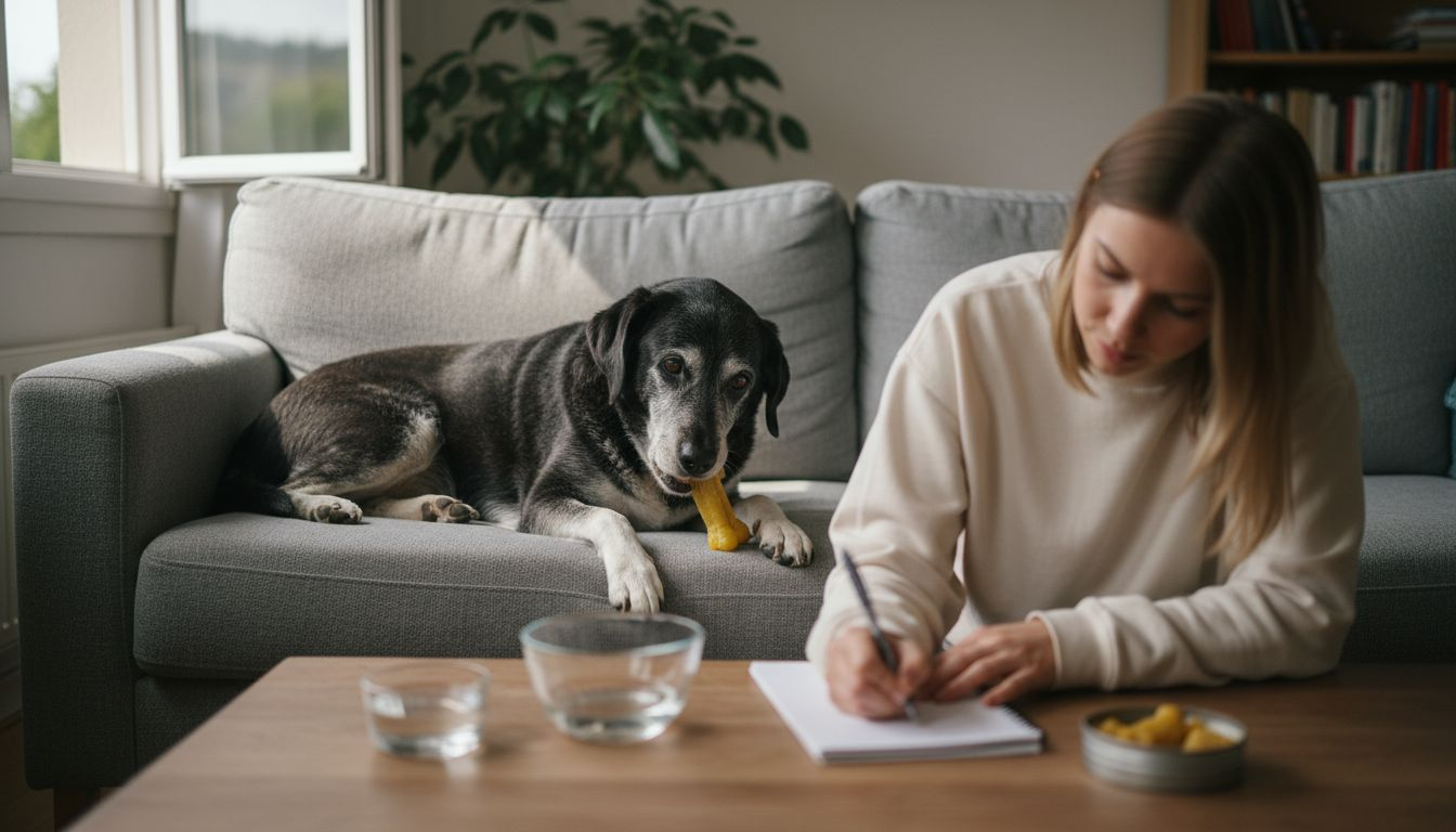 Gemütlicher Seniorenhund lässt sich Gelenksnacks auf dem Sofa schmecken.