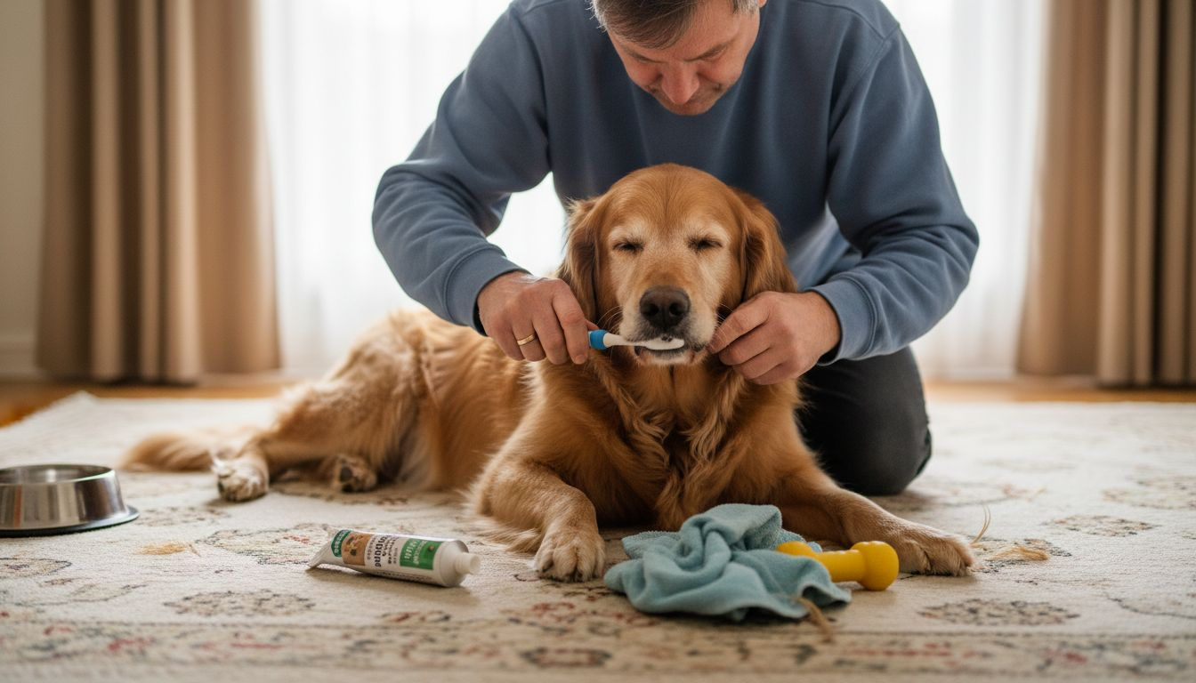 Im Wohnzimmer bekommt der Hund die Zähne geputzt.