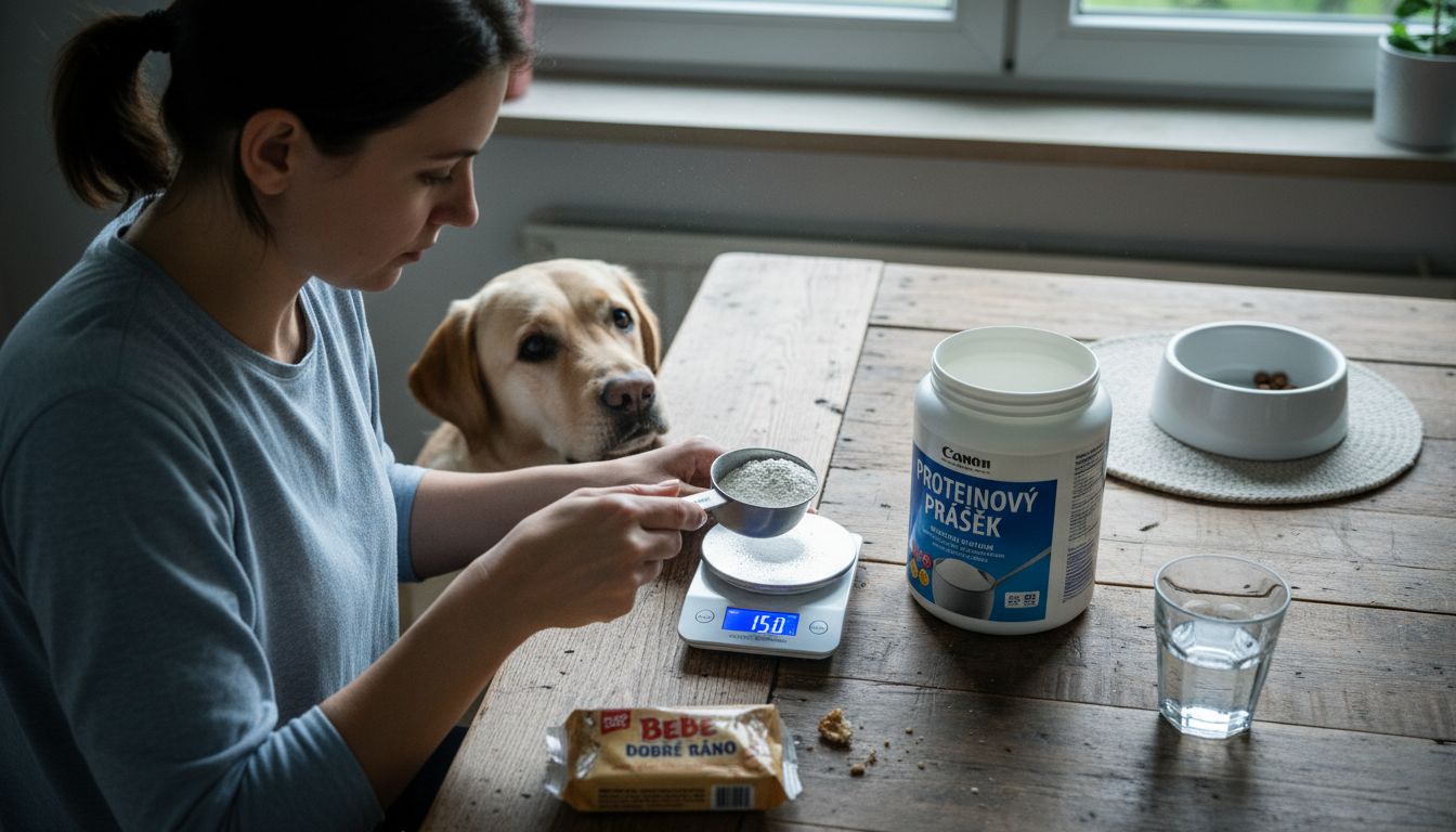 Majitel si u kuchyňského stolu pečlivě odměřuje doplňky stravy.