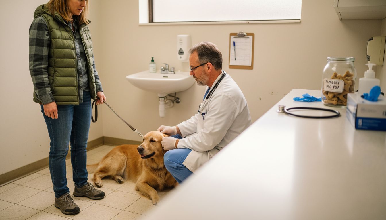 Veterinář prohlíží psa za přítomnosti jeho majitele v ordinaci.